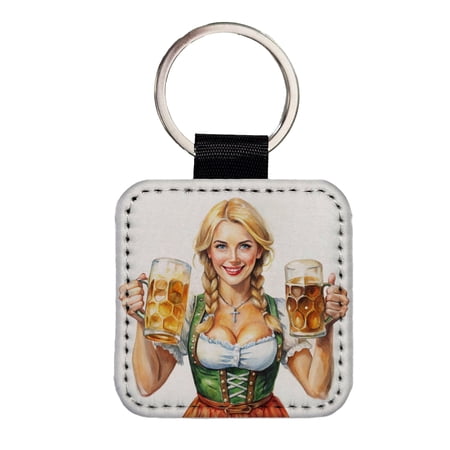 Oktoberfest German Barmaid With A Beer Mugs Faux Leather Square Keychain Oktoberfest German Barmaid With A Beer Mugs Faux Leather Square Keychain