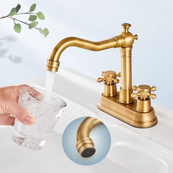 4 Inch Centerset Bathroom Sink Faucet Vintage 2 Cross Handle RV Mixer Tap Basin Vanity Lavatory Utility for Sink 3 Hole Include Hoses Pop Up Drain Faucet Handle Without Label Antique Brass