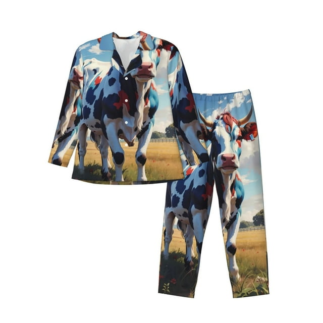 Fotbe Ensemble de Pyjama à Manches Longues Motif Vache Colorée pour Hommes, Ensemble de Nuit, Ensemble de Détente 2 Pcs, Pyjamas Doux et Confortables avec Poches-TG