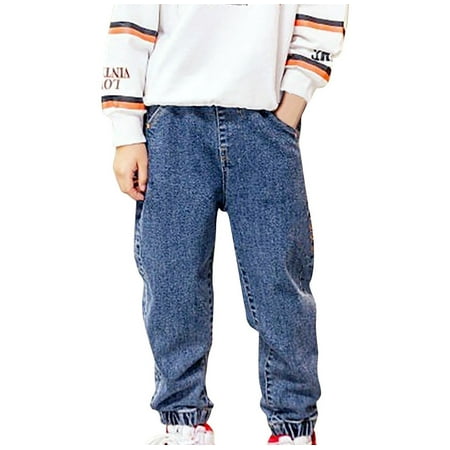 XinLfly Toddler Kid Boy Elastic Mid Waist Jeans - Washed Full Length Straight Denim Pants with Pockets