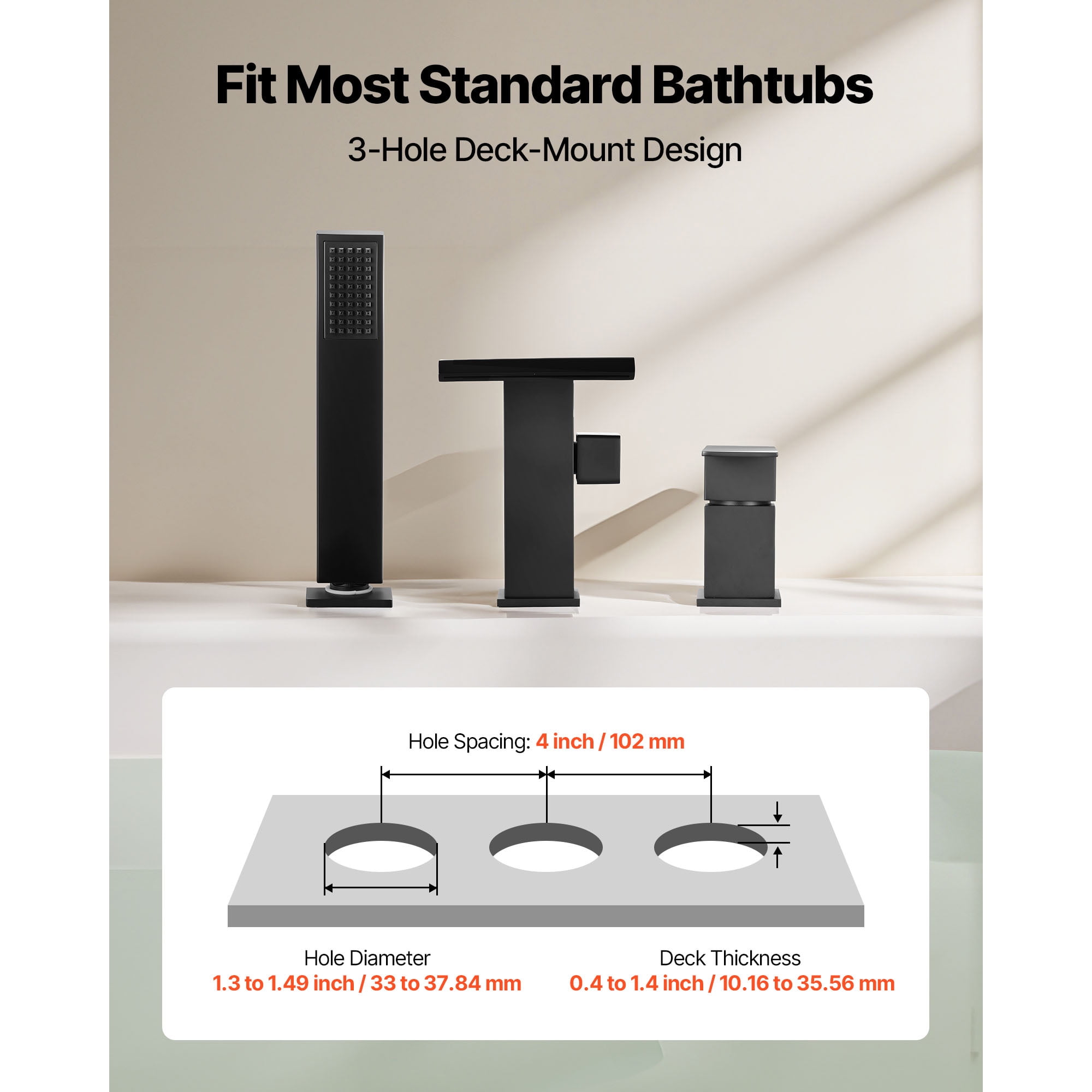 KFFKFF Roman Tub Faucet, 3-Hole Waterfall Bathtub Fixture with Shower Head & Single Handle, Deck-Mounted Bath Faucet Set for Washing Pets, Baby Care, and Adult Bathing, Matte Black