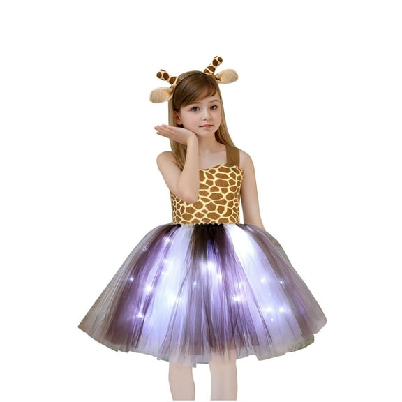 Odeerbi Toddler Girls Halloween Tulle Skirt Set Giraffe Dress Up Clothes Kids Fashion Cute LED Light Up Role Play Party Clothing Princess with Lamp Dress Headband Set Brown