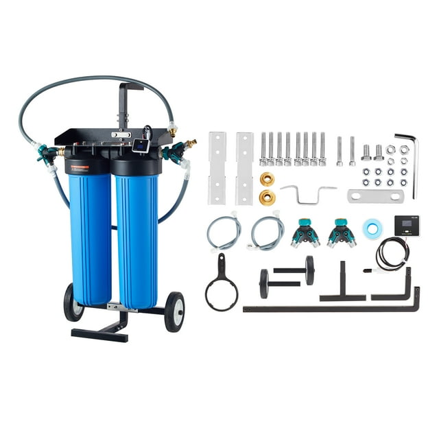 VEVOR Spotless Deionized Water System Car Wash System with Integrated TDS Meter, designed for automotive cleaning with dual blue filtration tanks on a black wheeled cart for mobility. Includes accessories such as hoses, fittings, a TDS detection box, wrench, and mounting hardware. Ideal for achieving a streak-free finish and efficient water filtration for cars, boats, and solar panels.