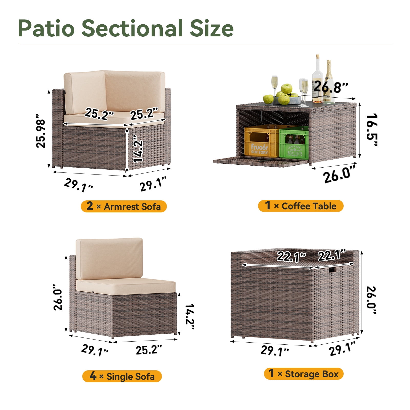 LazySunsets 8 Piece Patio Furniture Set, Wicker Outdoor Furniture with Large Storage Table, Beige