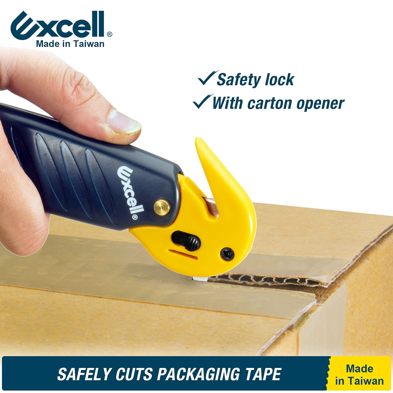 Excell Stretch Film Cutter with Carton Opener, Ergonomic Film Cutting Blade Safe and Efficient Cutting for Cryovac, Plastic Bags, Shrink Wrap, Box, Straps (W/Carton Opener)