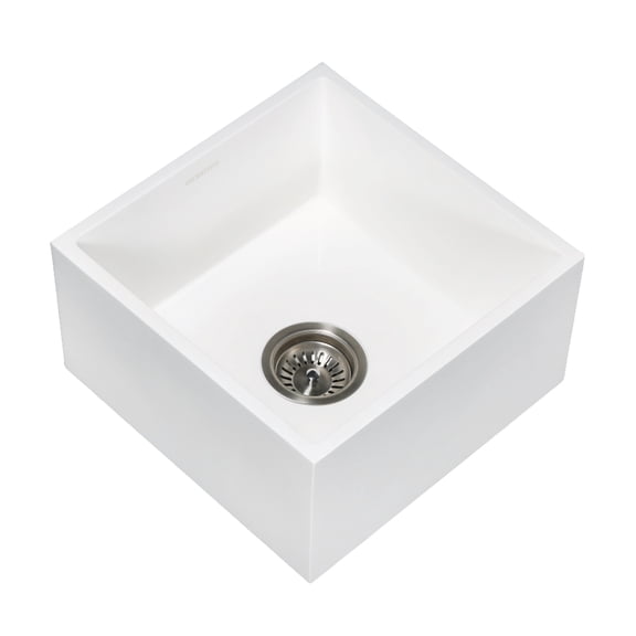 Gourmetier GKUSA15158 Arcticstone 15-Inch Solid Surface White Stone Apron-Front Single Bowl Farmhouse Bar Prep Sink with Strainer in Matte White