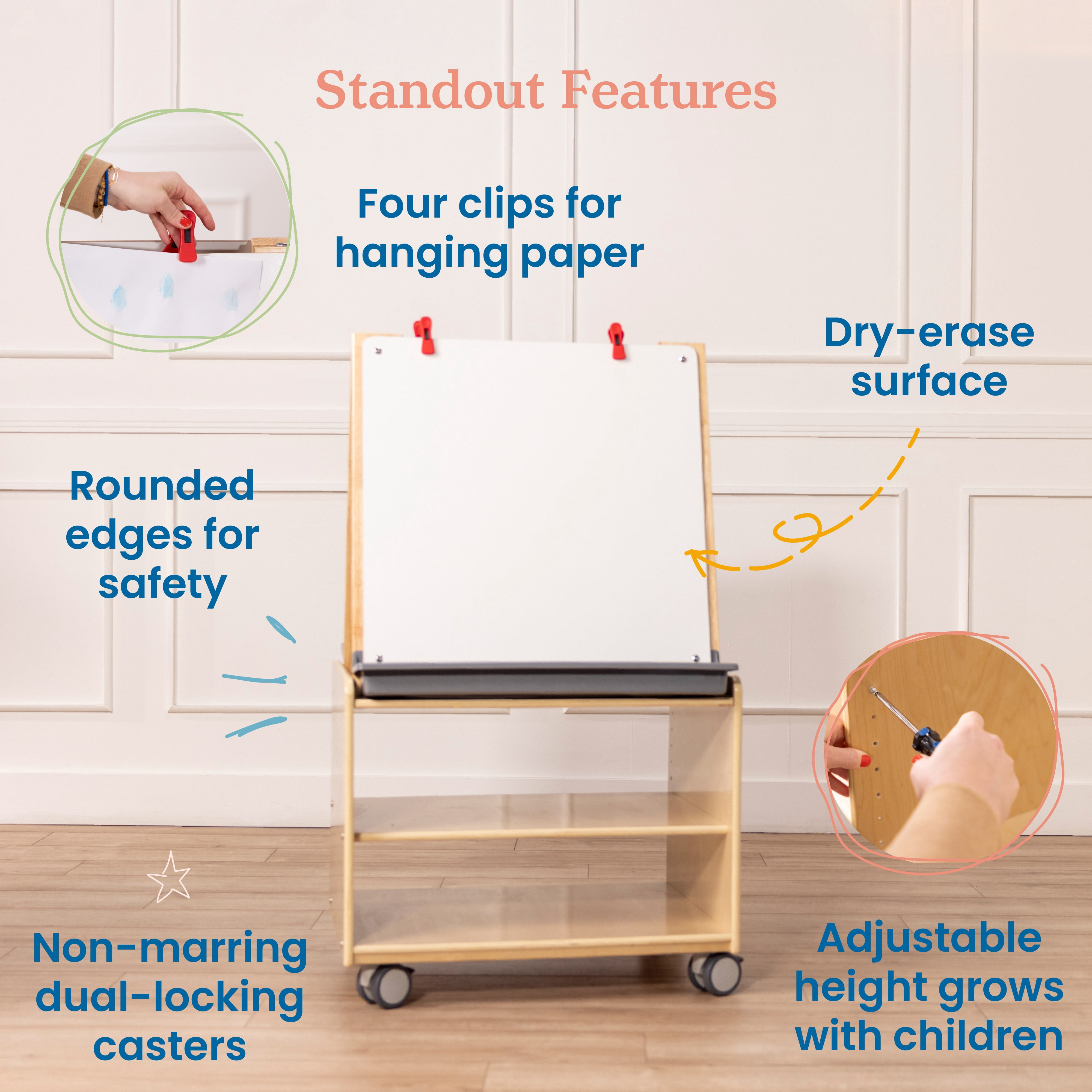 ECR4Kids Double-Sided Mobile Art Easel with Storage and Clips, Classroom Supplies, Natural