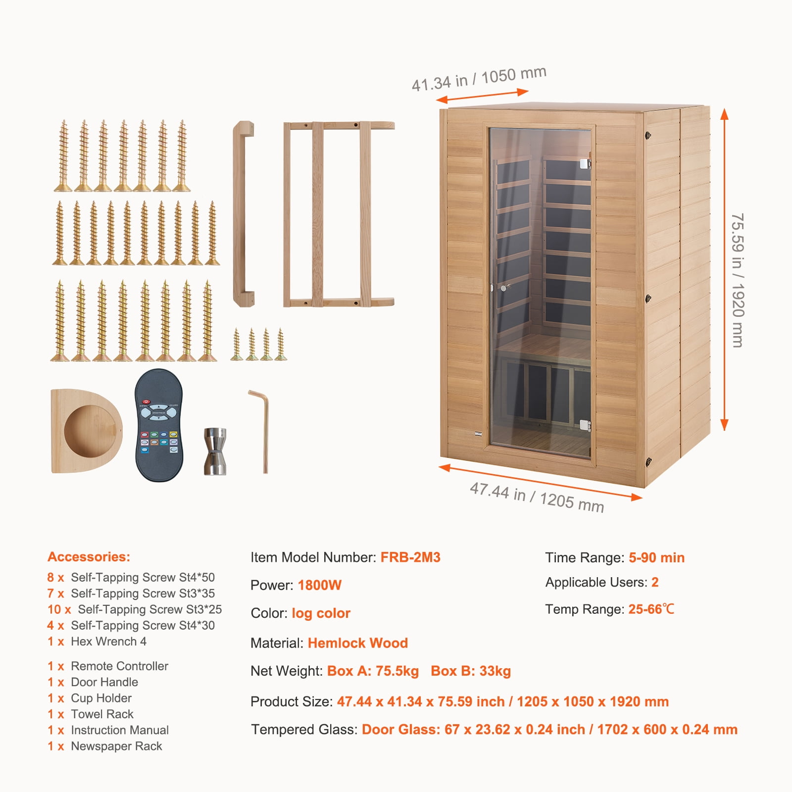 KFFKFF Infrared Sauna for Two, Home Spa Experience with Hemlock Construction, Features Low EMF, Clear Glass Door & Dual Bluetooth Speakers, 1800W for Indoor Relaxation