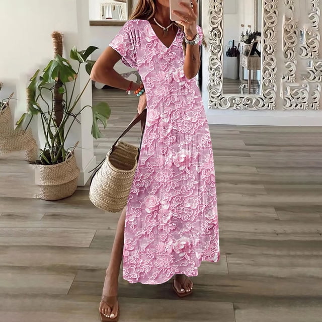 Amzcrzy Robes pour Femmes Robes Grande Taille pour Femmes aux Formes Robes pour Femmes Printemps et Été Col en V Uni Décontracté Manches Courtes Longue Robe Robe d'Été Robes de Printemps