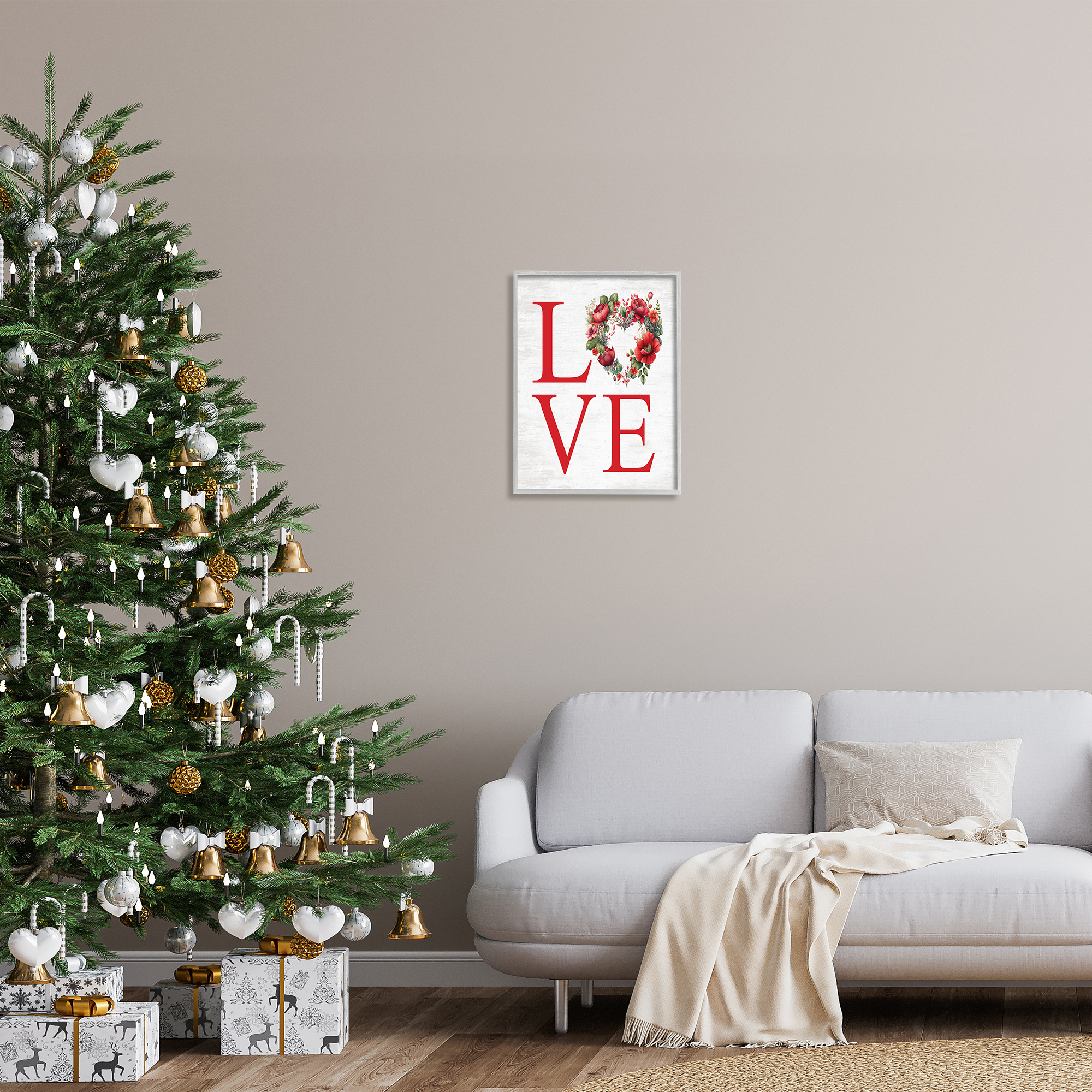 Stupell Industries Love with Heart Wreath Botanical & Floral Painting Gray Framed Art Print Wall Art, 16 x 20