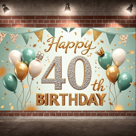 Glitter Design 40th Birthday Banner Golden Accents Display Teal White Balloons Crown Decoration Birthday Backdrop for 40th Birthday Party Adult Birthday Celebration Indoor Party Decoration