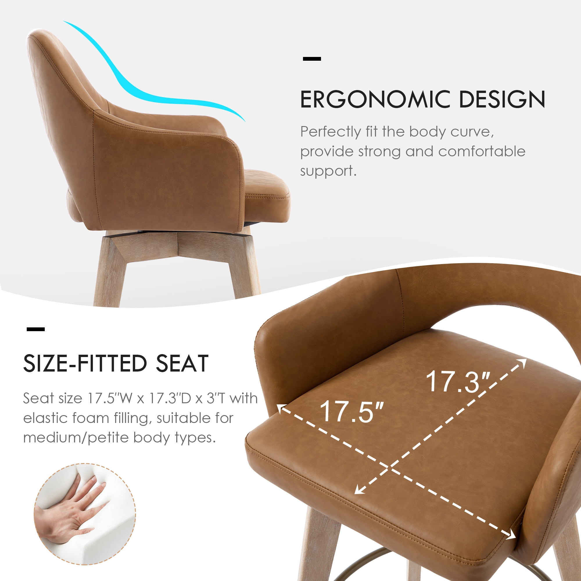 Zesthouse 26.8″ Swivel Counter Height Bar Stools Set of 2, Upholstered Faux Leather Bar Stools with Back and Wood Legs, Mid Century Modern Barstool Island Chairs for Kitchen Counter, Brown