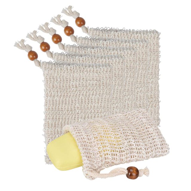 Paquete de 5 bolsas exfoliantes de jabón, bolsa de jabón de malla de sisal hecha a mano con cordón para uso en baño y ducha Ormromra CDWJ057