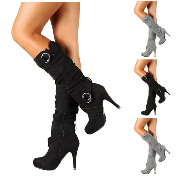 Dakaela Knee High Boots Women Pointed Toe Stiletto Heel Slouchy Fall Boots Buckles Side Zipper Dress Pumps Shoes for Prom Wedding Party Black 6