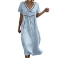thumbnail image 2 of ClodeEU Women's Linen Blend V Neck Short Sleeve Tiered Ruffle Midi Dress,Casual Loose Boho Beach Sundress Light Blue,Women's Plus S, 2 of 8