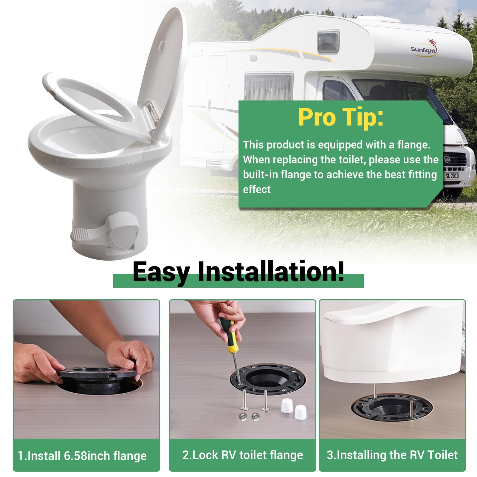 Portable RV Toilet With Pedal Flush, High Profile lightweight toilet - White
