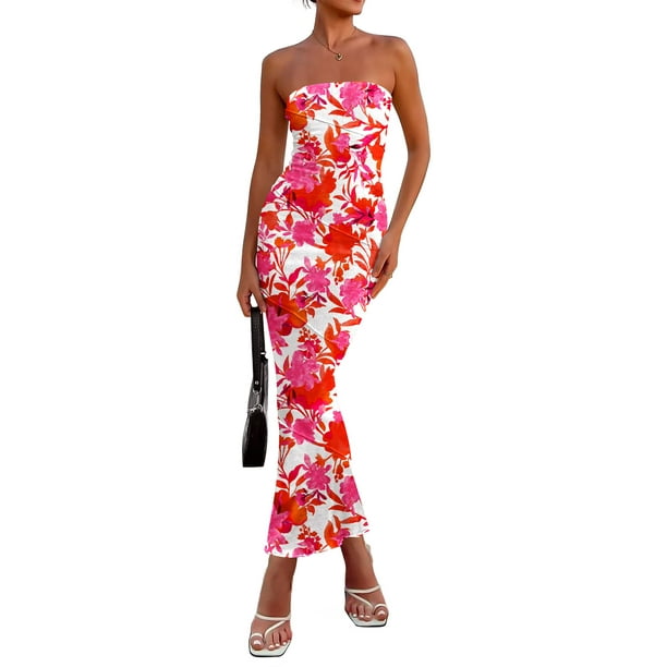 Vestido largo PRETTYGARDEN 2025 para mujer, estampado floral, ajustado, blanco y rosa