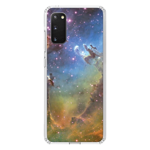 DistinctInk Clear Shockproof Hybrid Case for Galaxy S20 PLUS / 5G (6.7" Screen) - TPU Bumper, Acrylic Back, Tempered Glass Screen Protector - Eagle Nebula Orange Blue - Astronomy