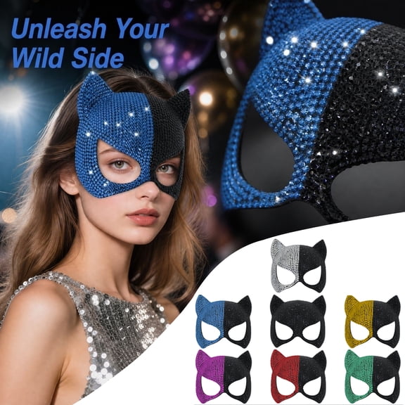 Cat Woman Mask for Women Halloween, Masquerade Mask Half Face with Rhinestones Black and Blue, Scary Halloween Cat Mask for Party