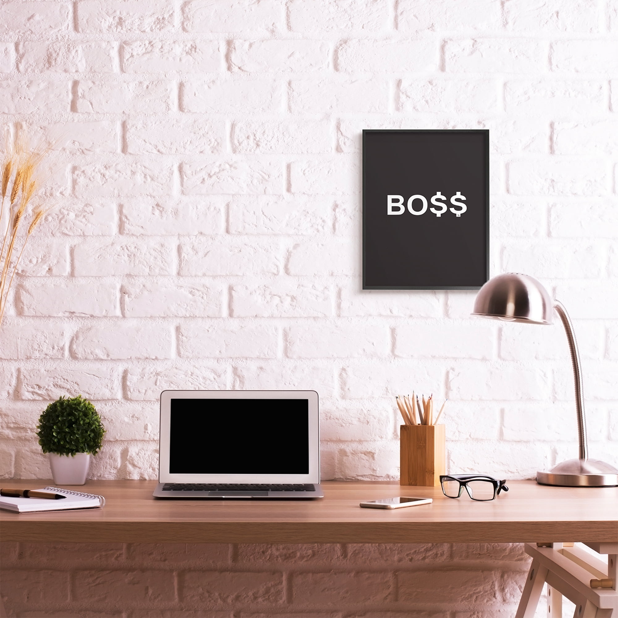 Stupell Industries Boss Text Dollar Signs Minimal Black White Typography Painting Black Framed Art Print Wall Art, 16 x 20
