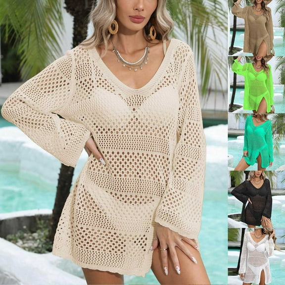Qzwdhjm Crochet Swim Cover Ups for Women Hollow Out Bell Sleeve Mini Dress V Neck Slit Side Bathing Suits Coverups for Resort Vacation