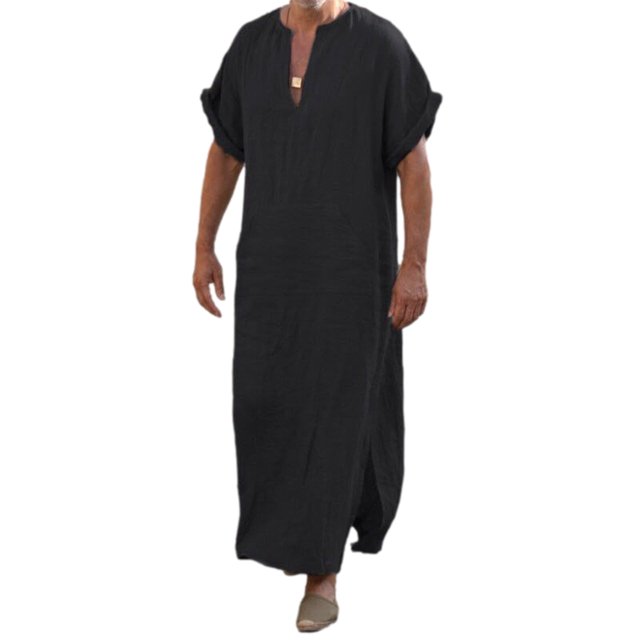 ZAXARRA Robe Ethnique pour Hommes Manches Courtes Retroussables Couleur Unie Kaftan Col en V