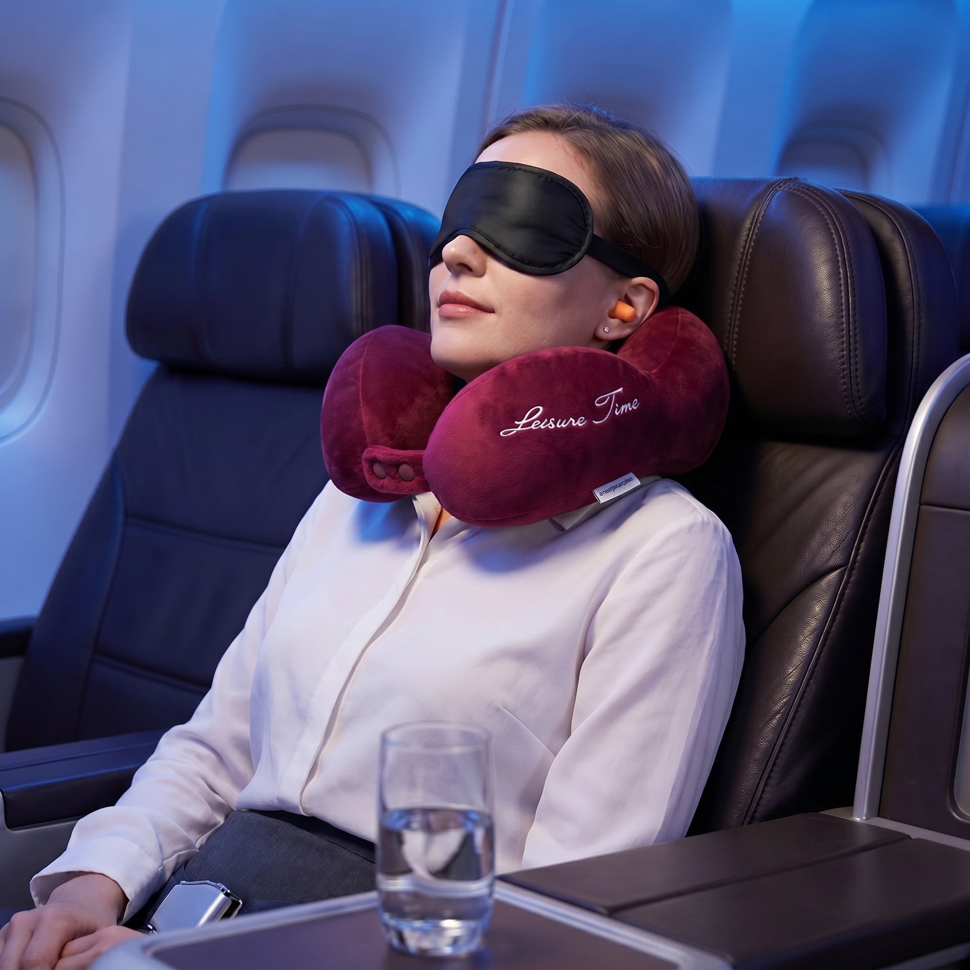 Unique Bargains PP Cotton U Shape Neck Pillow with Earplugs and Eye Mask Red 11"x10"x4"