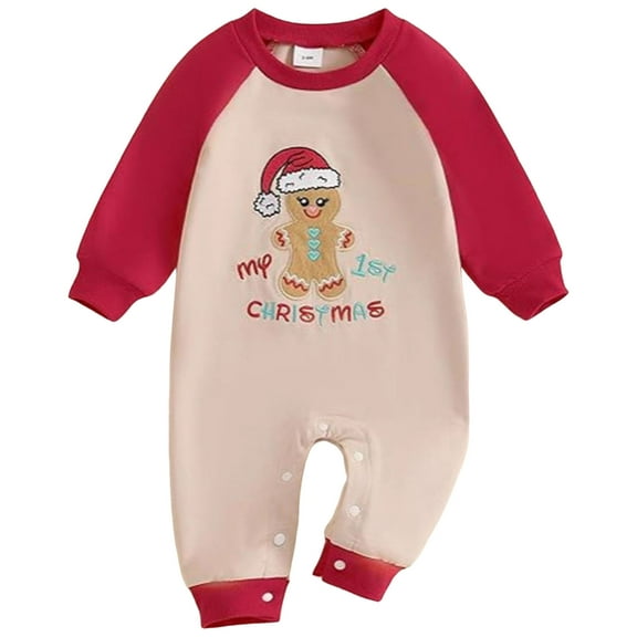 newwalpole Newborn Baby Boy Christmas Outfit Contrast Color Letter Print Infant Romper Long Sleeve Jumpsuit Cute Xmas Clothes Beige for Size 9-12 Months