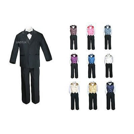 

Baby Boy Kid Teen Formal Wedding 7pc Black Suit Tuxedo + 9 Color Vest Tie S-20