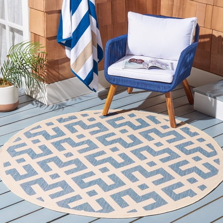 Safavieh Courtyard Alvin Geometric Indoor/Outdoor Area Rug Blue/Bone 7 10 x 7 10 Round