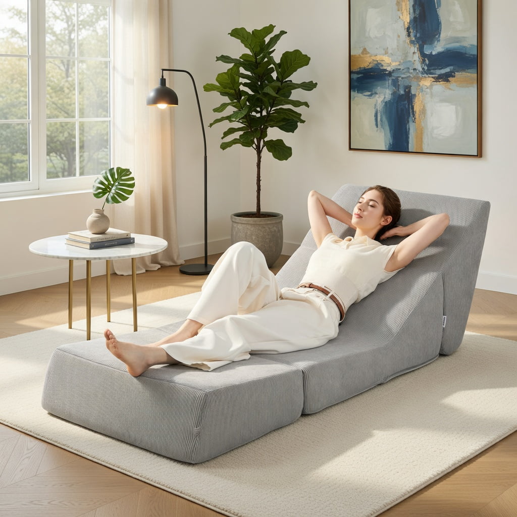 Hommoo 3-in-1 Folding Sofa Bed, Corduroy Convertible Lounger & Full-Size Guest Bed, Washable Zippered Cover, Gray