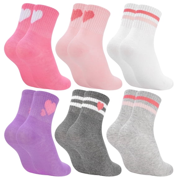 Bocaoying 6 Pairs Grils Cotton Crew Socks, Assorted Colors Retro Stripe Socks with Heart Printed for School, Athletic Hosiery Socks, Aged 6-9Y