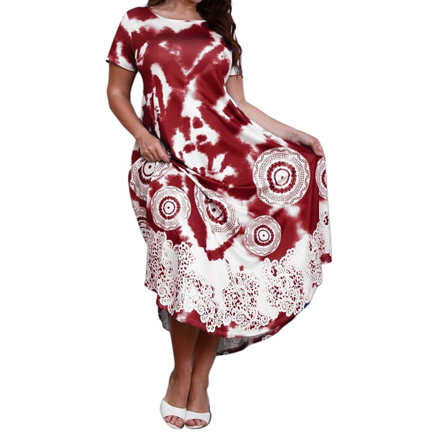 Ruimatai Robe Décontractée Grande Taille pour Femmes Manches Courtes Col Rond Été Fluide Confortable Élégante Imprimée Plage Fête T-Shirt Robe