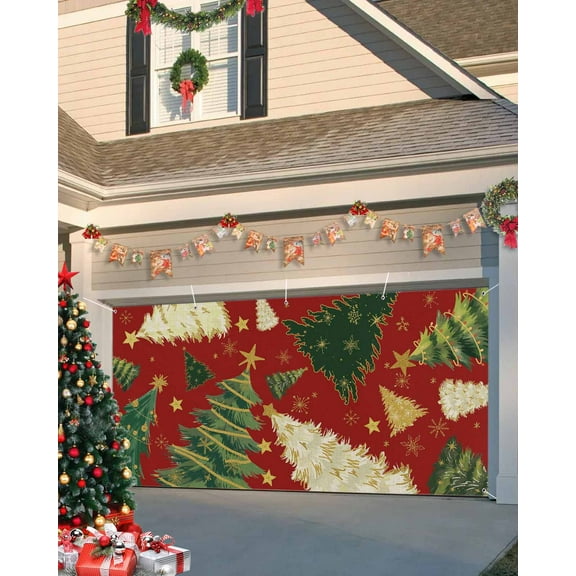 Fsddascl 7 x 16 Ft Christmas Garage Door Cover, Red Christmas Tree Large Garage Door Banner, Golden Green Xmas Tree Snowflake Hanging Garage Mural Background for Indoor Outdoor Xmas Party Supplies
