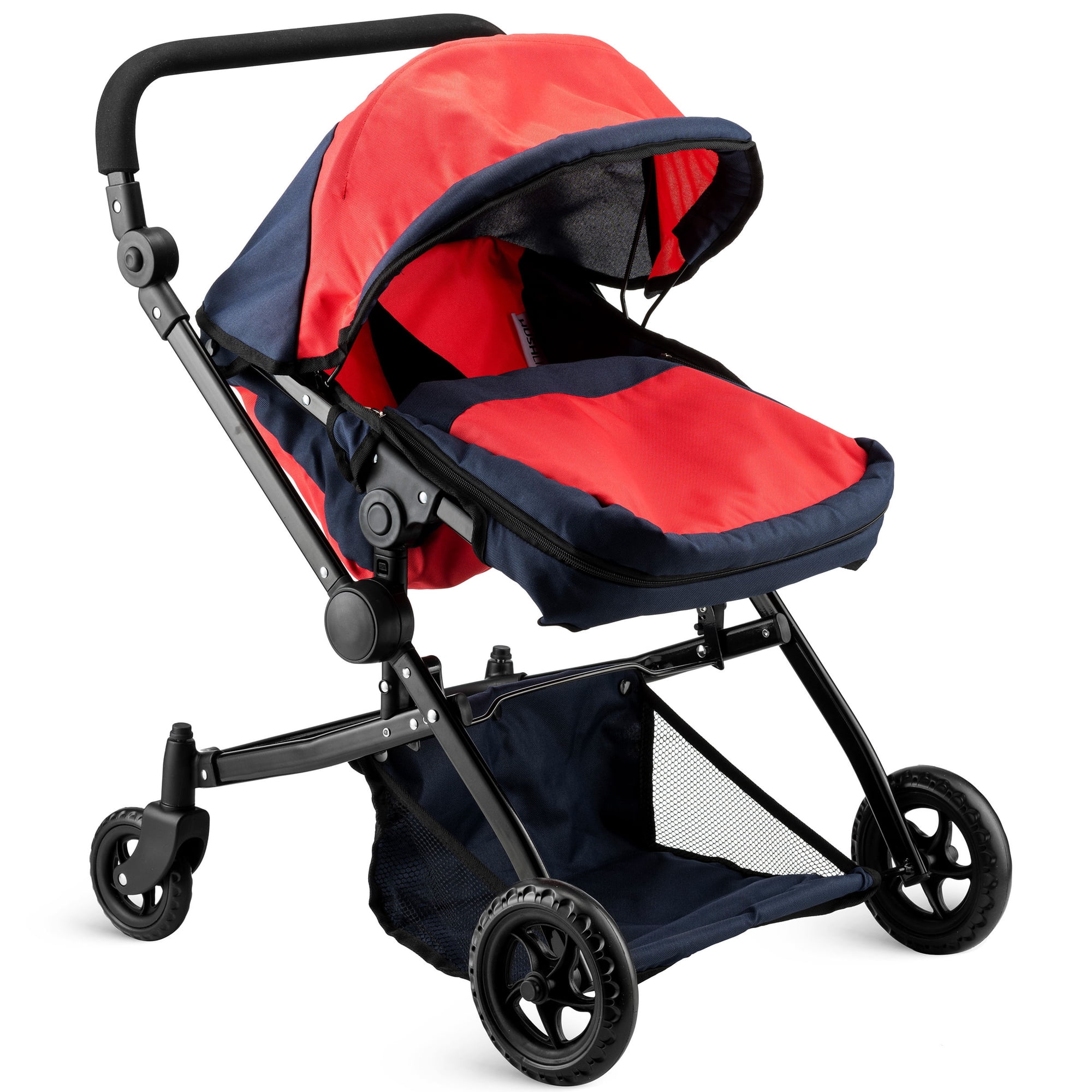 HUSHLILY - Reversible Double Doll Luxury Stroller with Adjustable Canopy & Basket (Red & Denim Blue)
