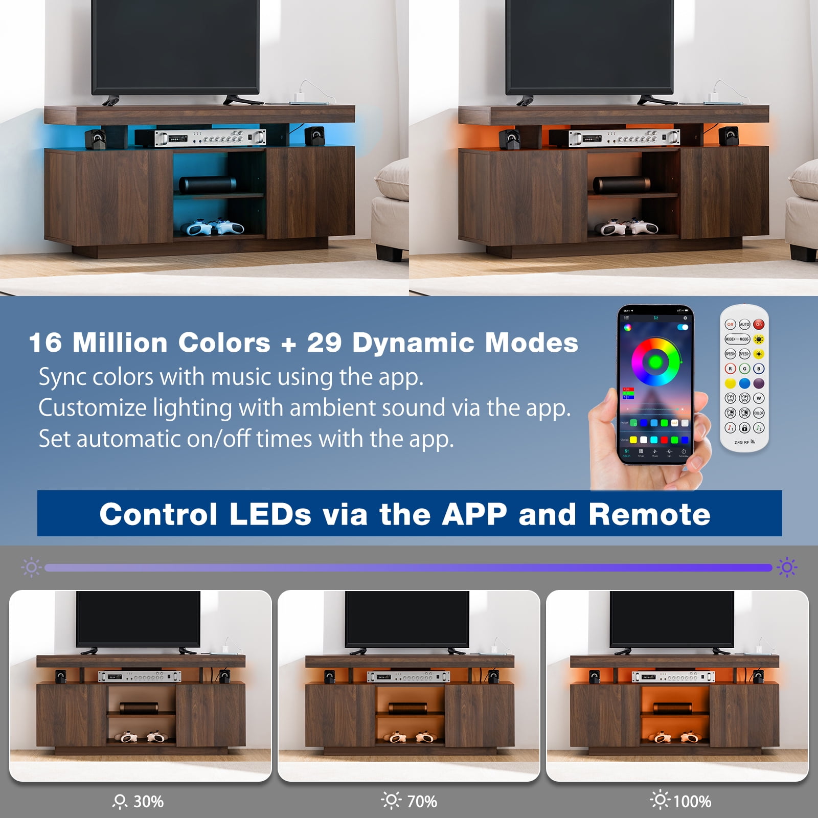 Hommpa LED TV Stand for TVs up to 55" with Power Outlets Wood Entertainment Center with Storage and Shelves Media Console Table TV Cabinet Walnut Finish