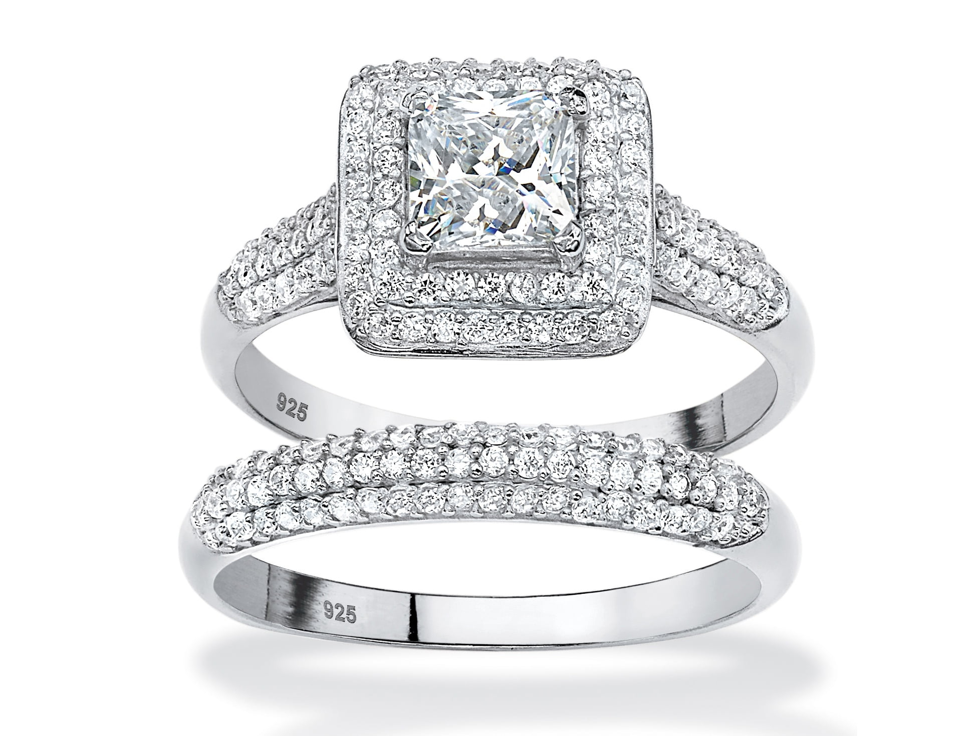 2 Piece 1.47 TCW Princess-Cut Cubic Zirconia Halo Bridal Ring Set in Platinum over Sterling Silver by PalmBeach Jewelry