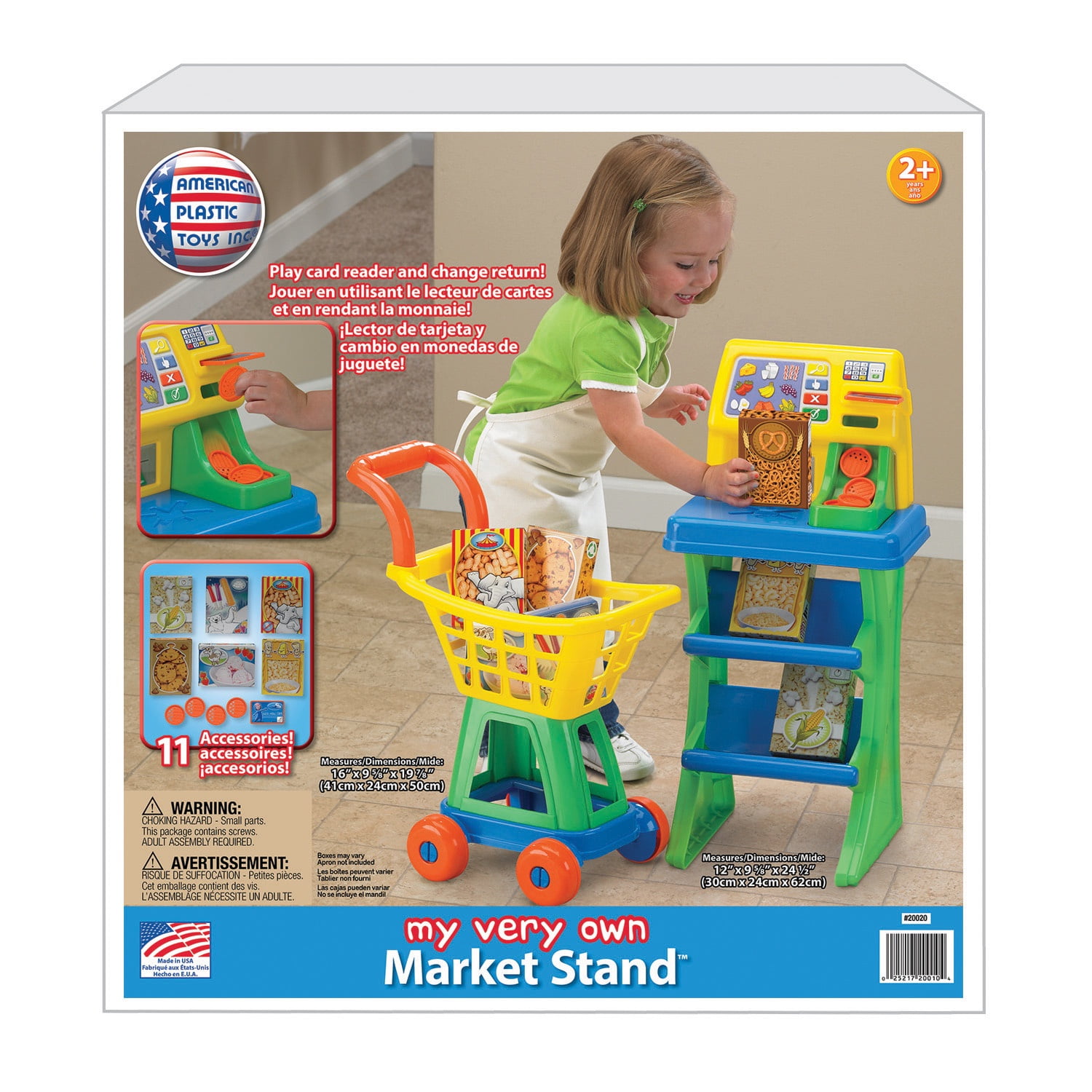 American Plastic Toys My Very Own Market Stand Set with Cash Register and Shopping Cart, 13 Piece Set for Kids