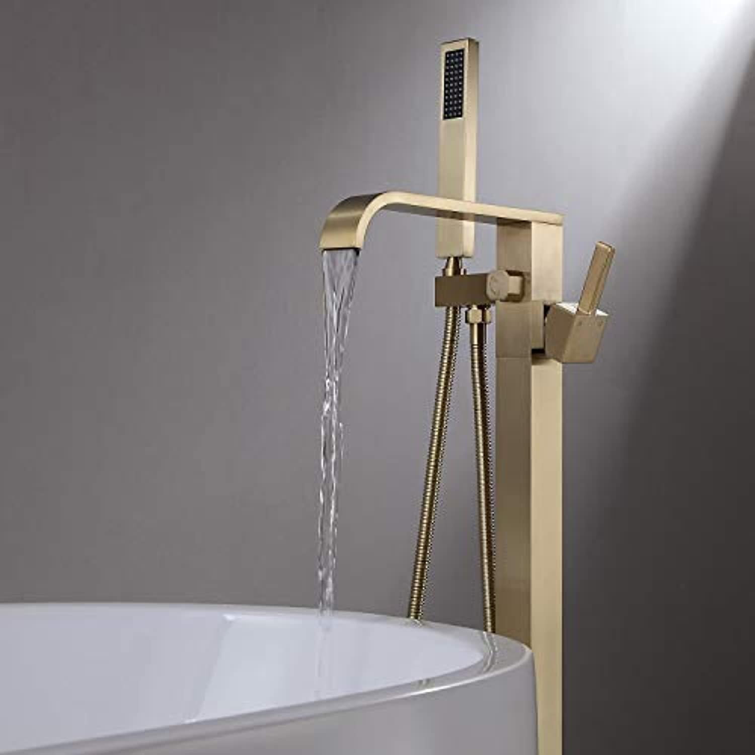 JiaYouJia Freestanding Bathtub Faucet Brushed Gold Floor Mount 
