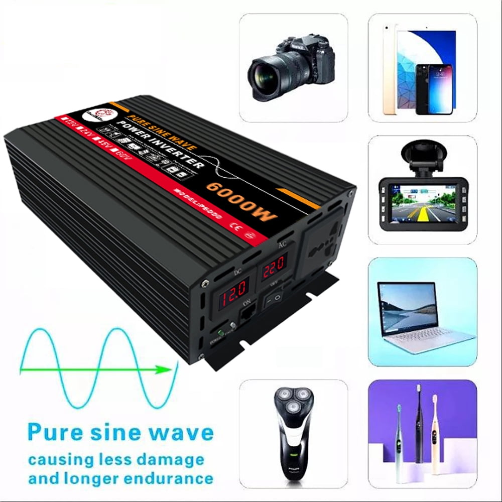 Pure Sine Wave Inverter, 6000W Power Inverter DC12V to AC 120V Car Battery Power Converter Adapter