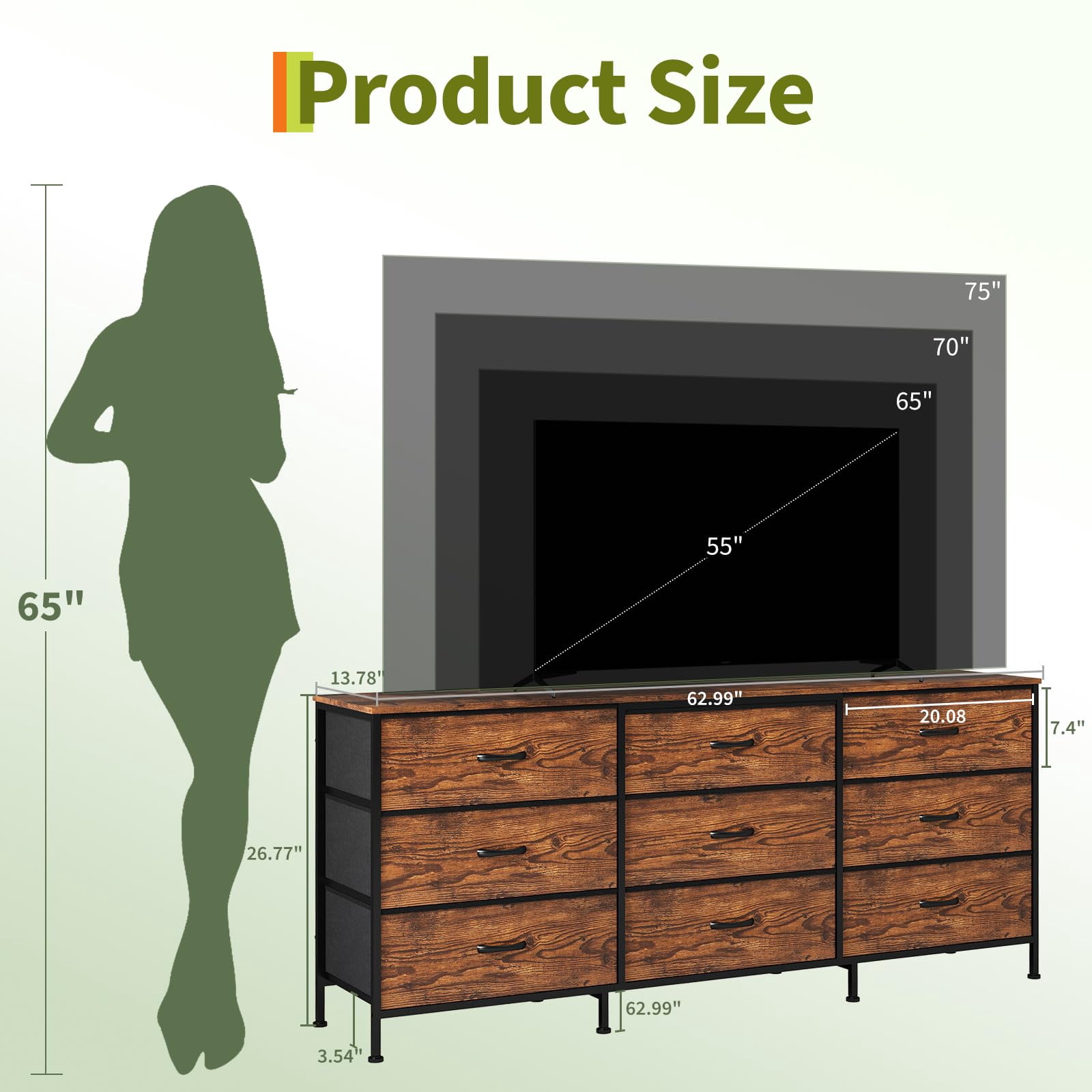 Kicctian 9-Drawer Dresser 63" Long TV Stand with Wooden Top & Fabric Storage Dresser for Bedroom,Living Room,Brown