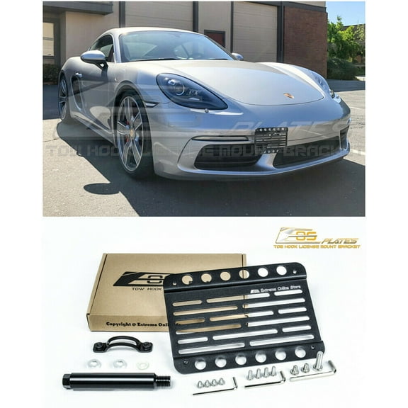Extreme Online Store Replacement for 2017-Present Porsche 718 Cayman Models with No PDC | EOS Plate Version 1 Mid Sized Front Bumper Tow Hook License Relocator Mount Bracket Tow-448 