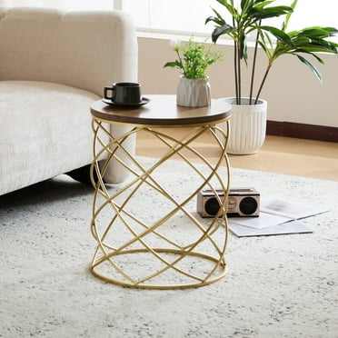 Velvetine Modern Glam Round Side Table, MDF, Metal, Natural   Gold