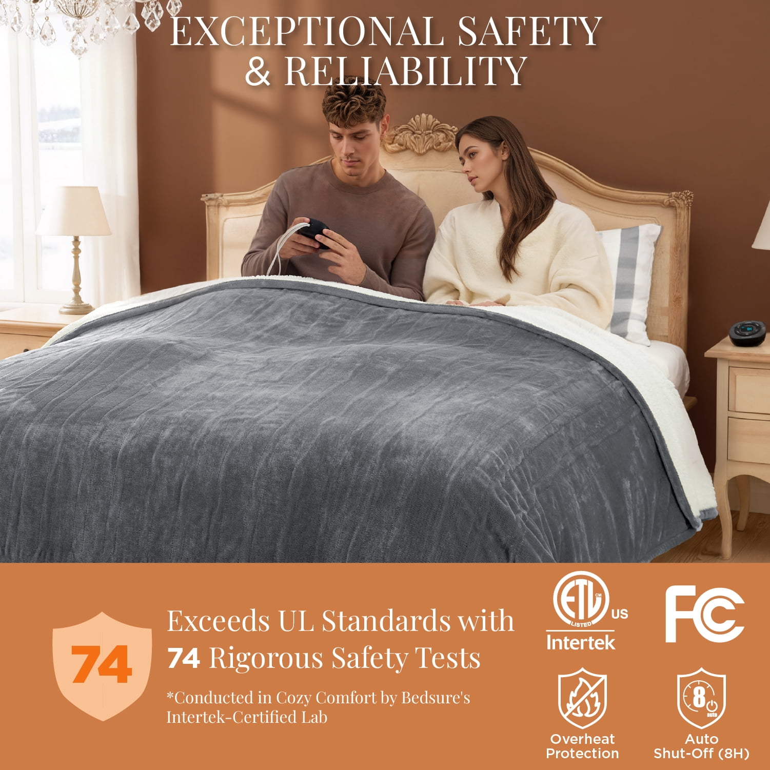 Flannel Electric Blanket Queen, Flannel Heated Blanket with 10 Heat Settings, with 10 Time Settings, 8 hrs Timer Auto Shut Off, and Dual Control, 84x90 inches, Grey