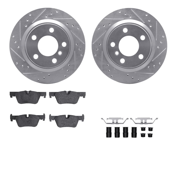 Dynamic Friction Company Rear Brake Rotors-Drilled and Slotted-Silver with 5000 Euro Ceramic Brake Pads includes Hardware 7612-31095