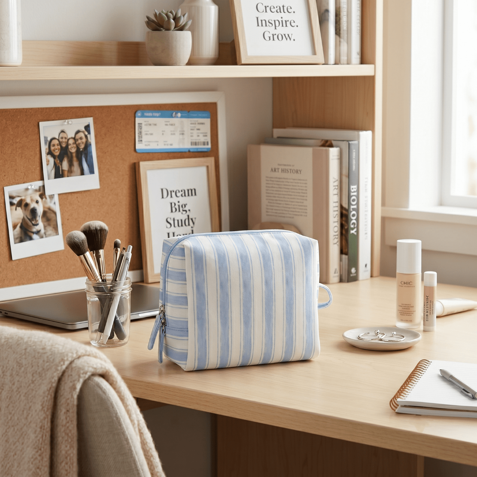 packlab Travel Makeup & Toiletry Cosmetic Bag, Blue Stripe Organizer Pouch