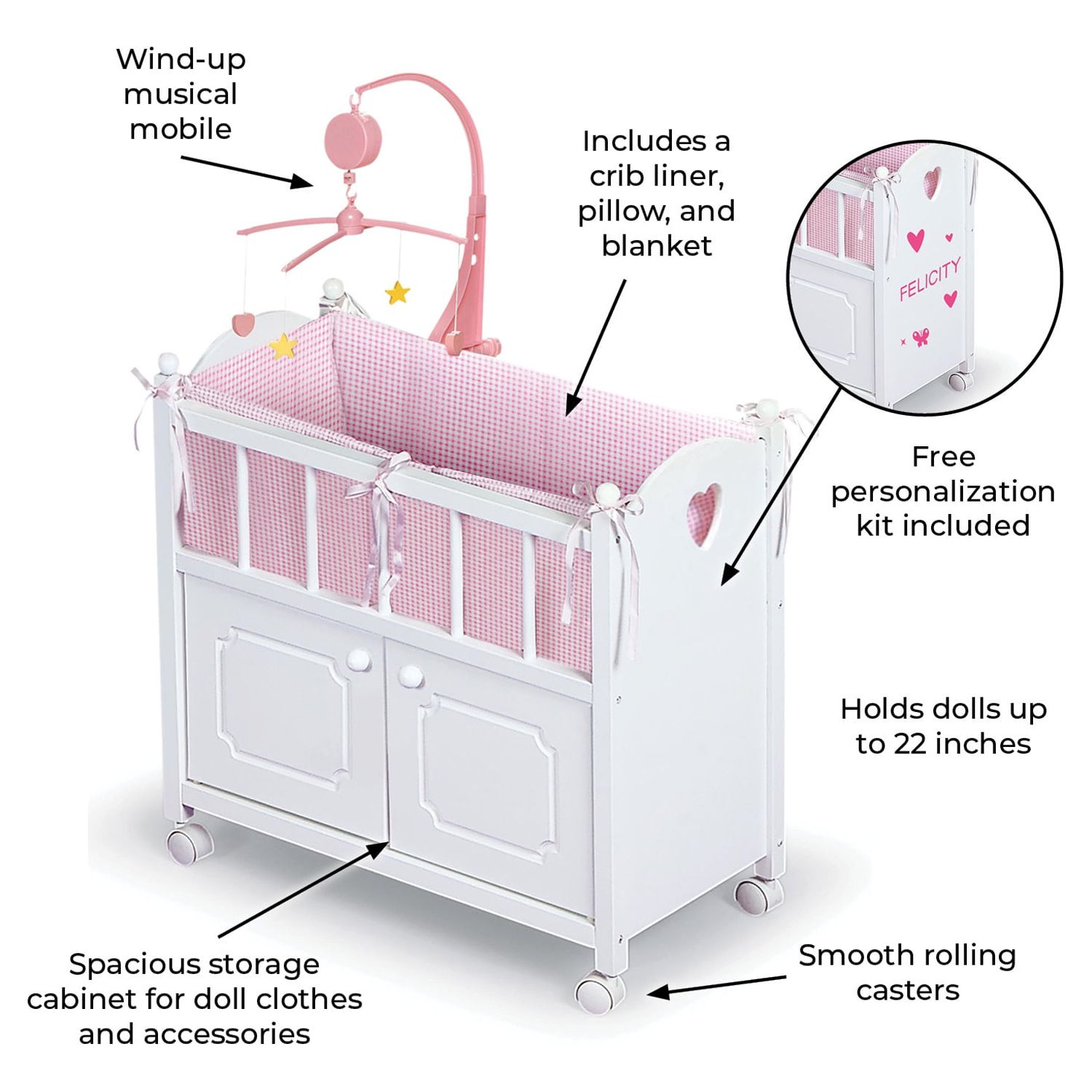 Badger Basket Cabinet Doll Crib with Gingham Bedding and Free Personalization Kit - White/Pink - image 4 of 13