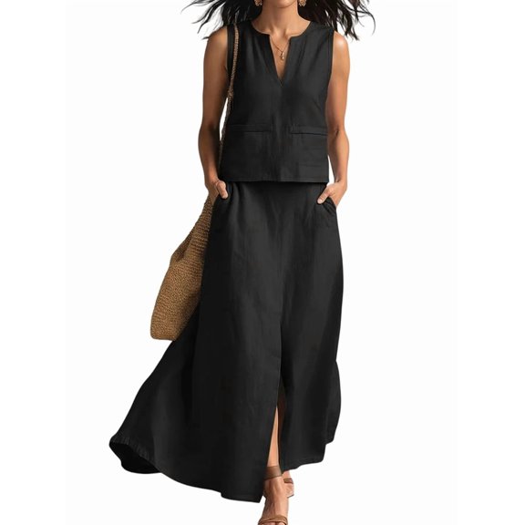 Summer Skirt Sets Women 2 Piece Outfits Sleeveless Top Elastic Waist Maxi Dress Sets with Pockets Black S