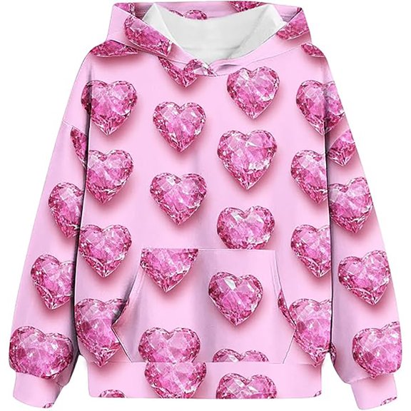 Little Girl Pullover Hoodie Sweatshirt Heart Print Valentines Day Shirts Outfits Long Sleeved Pullovers Tops Size 7-8T ,Pink