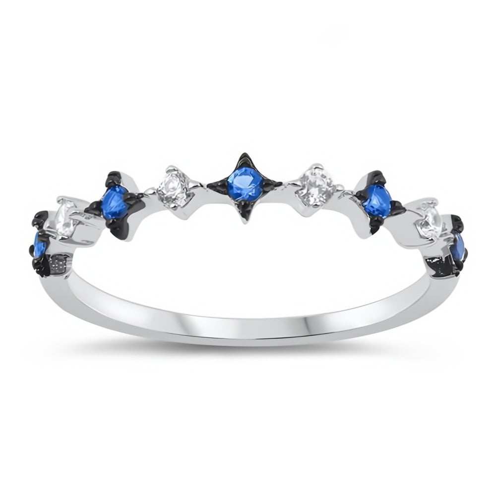 Glitzs Jewels 925 Sterling Silver CZ Ring Royal Blue & Clear Cubic Zirconia Jewelry Gift